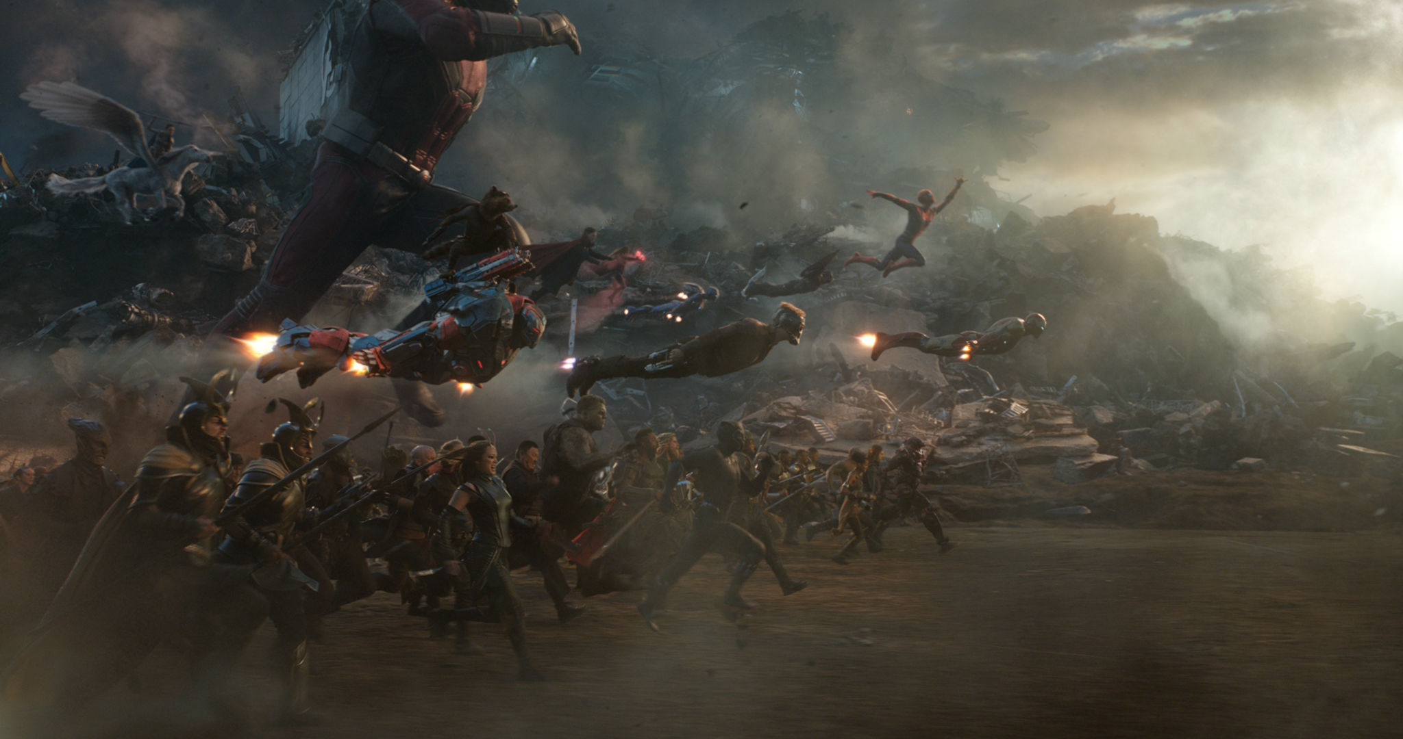 Spider-Man swinging with a few of his friends in Avengers: Endgame.